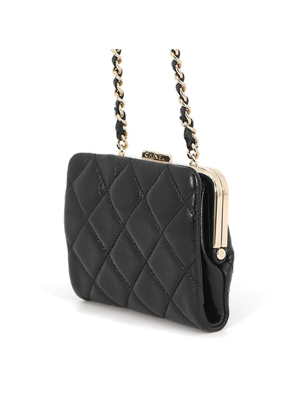 Chanel Chain Wallet Quilted CC Logo Kiss Lock Bifold Leather Black - Picture 2 of 10